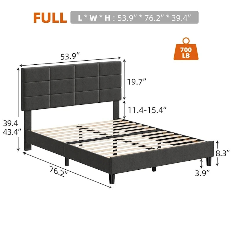 Struttura letto a piattaforma rivestita in lino, testiera trapuntata a griglia, portata di 700 lb, 12 doghe, singolo, matrimoniale, queen, king