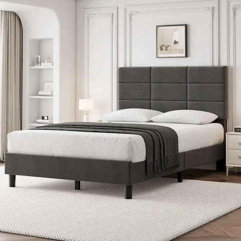 Struttura letto a piattaforma rivestita in lino, testiera trapuntata a griglia, portata di 700 lb, 12 doghe, singolo, matrimoniale, queen, king