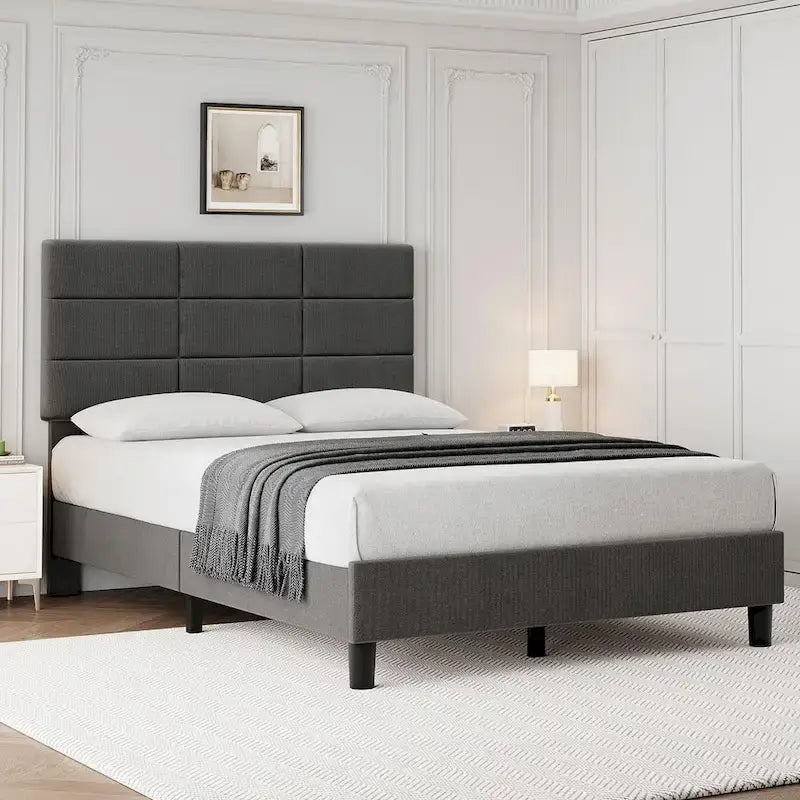 Struttura letto a piattaforma rivestita in lino, testiera trapuntata a griglia, portata di 700 lb, 12 doghe, singolo, matrimoniale, queen, king