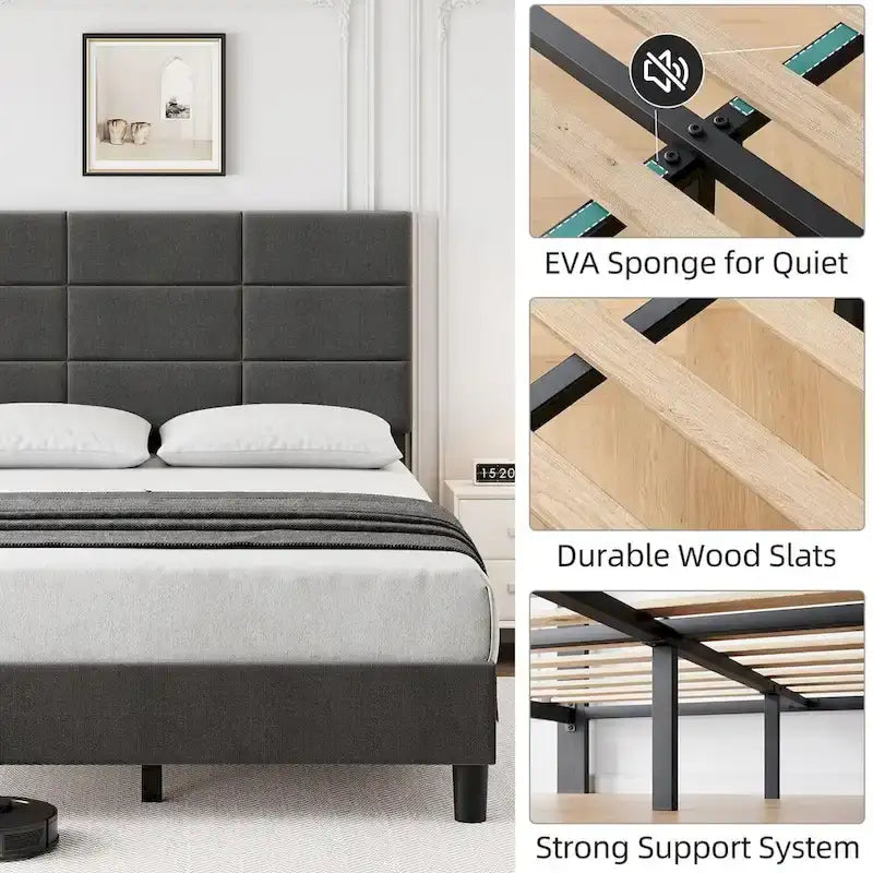 Struttura letto a piattaforma rivestita in lino, testiera trapuntata a griglia, portata di 700 lb, 12 doghe, singolo, matrimoniale, queen, king