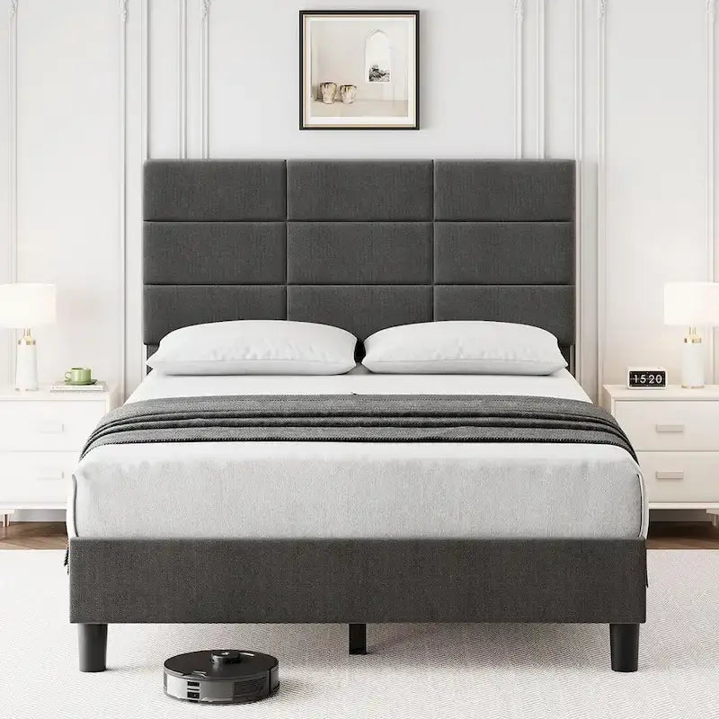 Struttura letto a piattaforma rivestita in lino, testiera trapuntata a griglia, portata di 700 lb, 12 doghe, singolo, matrimoniale, queen, king