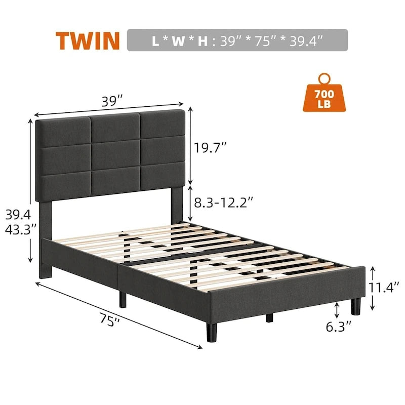 Struttura letto a piattaforma rivestita in lino, testiera trapuntata a griglia, portata di 700 lb, 12 doghe, singolo, matrimoniale, queen, king