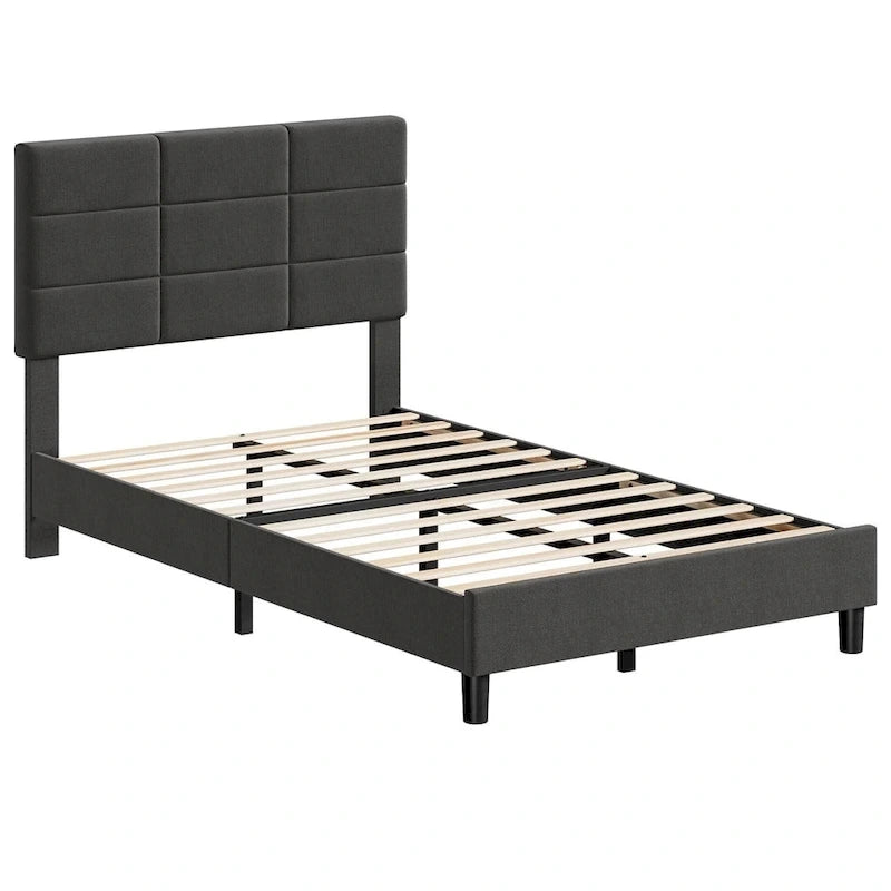 Struttura letto a piattaforma rivestita in lino, testiera trapuntata a griglia, portata di 700 lb, 12 doghe, singolo, matrimoniale, queen, king