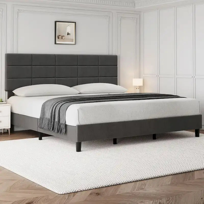 Struttura letto a piattaforma rivestita in lino, testiera trapuntata a griglia, portata di 700 lb, 12 doghe, singolo, matrimoniale, queen, king