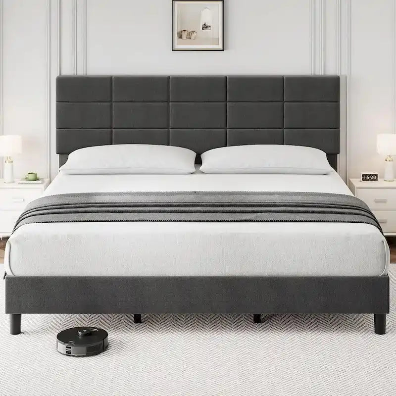 Struttura letto a piattaforma rivestita in lino, testiera trapuntata a griglia, portata di 700 lb, 12 doghe, singolo, matrimoniale, queen, king