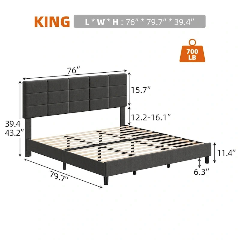Struttura letto a piattaforma rivestita in lino, testiera trapuntata a griglia, portata di 700 lb, 12 doghe, singolo, matrimoniale, queen, king