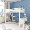 Full Size High Loft Bed with Desk Solid Wood End Ladder White