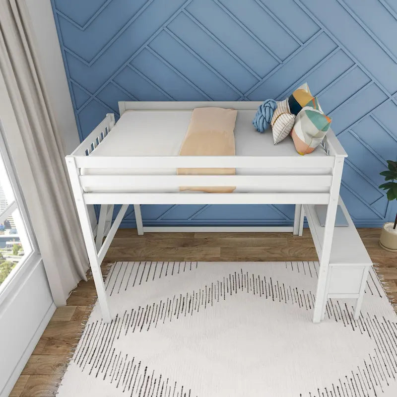 Full Size High Loft Bed with Desk Solid Wood End Ladder White