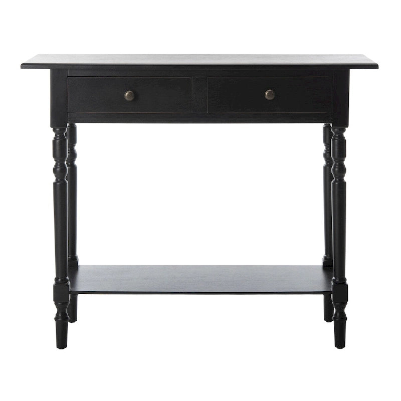 2-Drawer Console Table Turned Spindle Legs Bottom Shelf 38W Classic Distressed Black Cream Grey