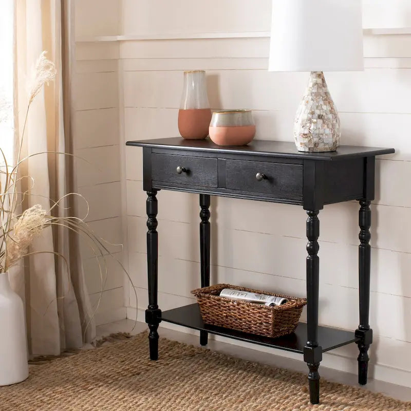 2-Drawer Console Table Turned Spindle Legs Bottom Shelf 38W Classic Distressed Black Cream Grey