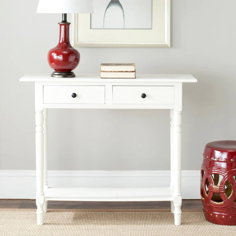 2-Drawer Console Table Turned Spindle Legs Bottom Shelf 38W Classic Distressed Black Cream Grey