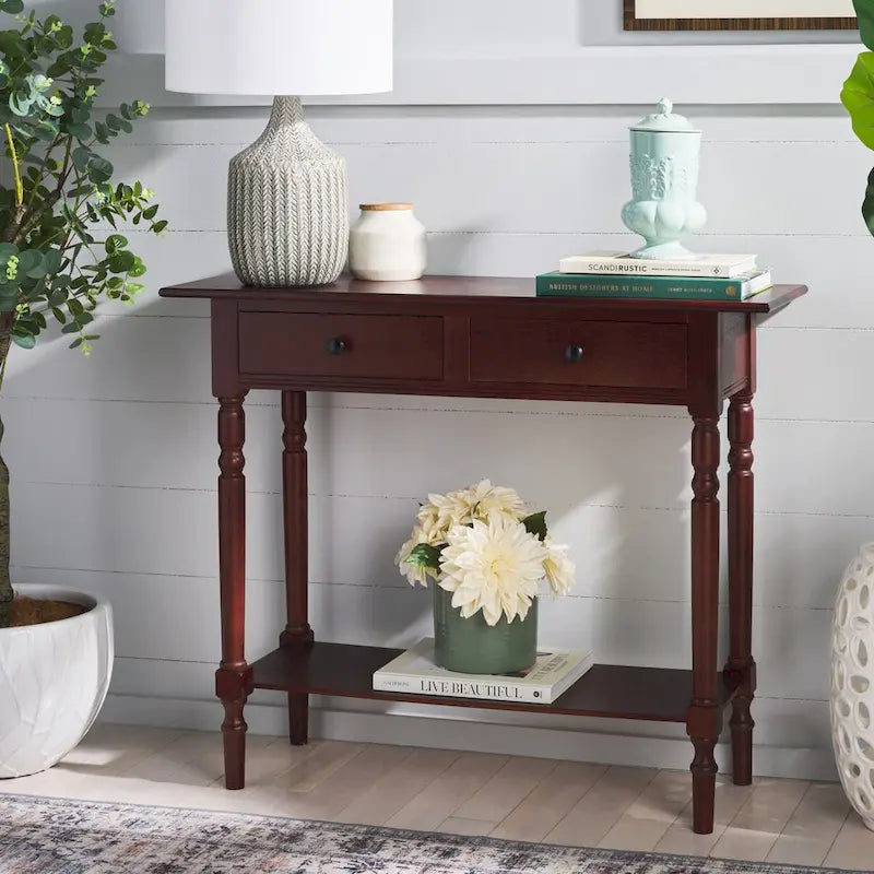 2-Drawer Console Table Turned Spindle Legs Bottom Shelf 38W Classic Distressed Black Cream Grey