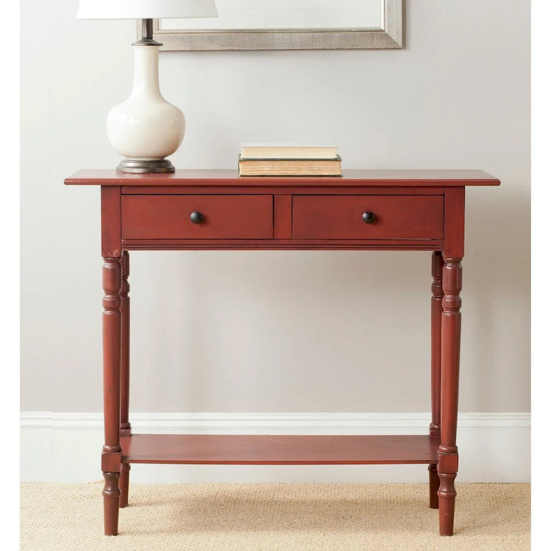 2-Drawer Console Table Turned Spindle Legs Bottom Shelf 38W Classic Distressed Black Cream Grey