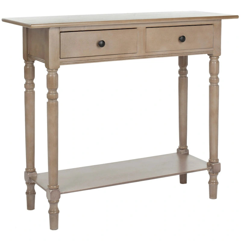 2-Drawer Console Table Turned Spindle Legs Bottom Shelf 38W Classic Distressed Black Cream Grey