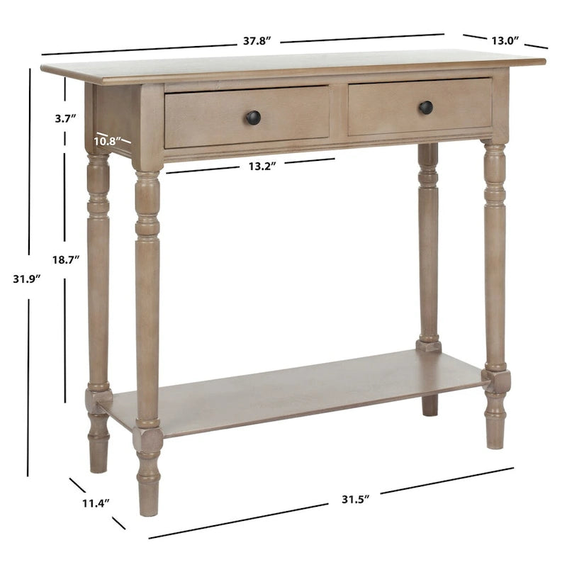 2-Drawer Console Table Turned Spindle Legs Bottom Shelf 38W Classic Distressed Black Cream Grey