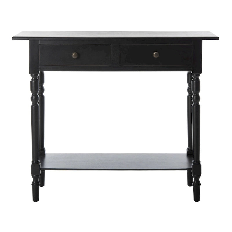2-Drawer Console Table Turned Spindle Legs Bottom Shelf 38W Classic Distressed Black Cream Grey