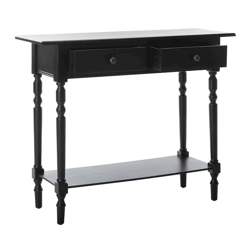2-Drawer Console Table Turned Spindle Legs Bottom Shelf 38W Classic Distressed Black Cream Grey