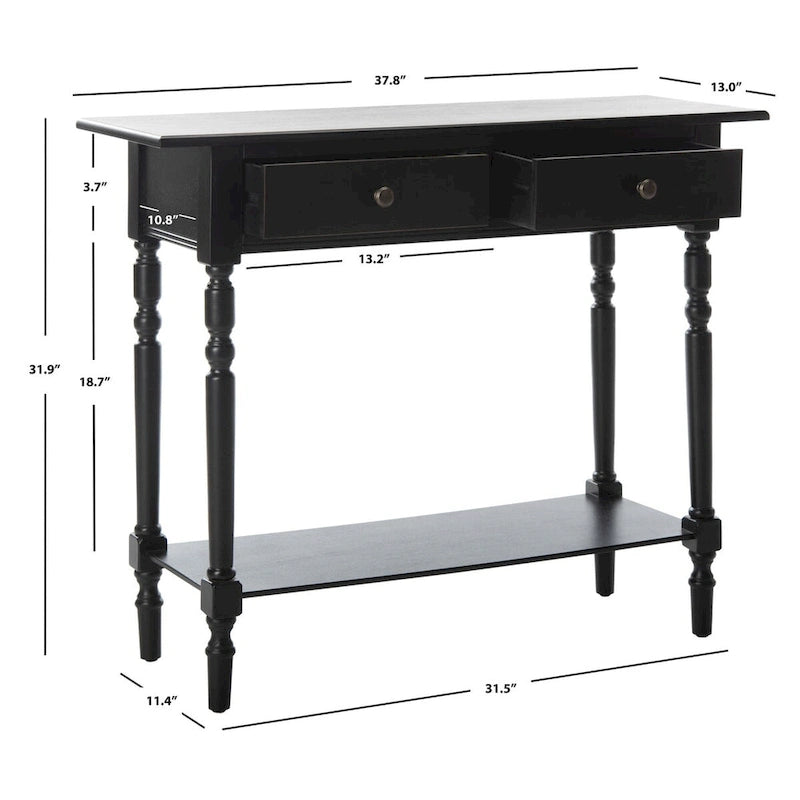 2-Drawer Console Table Turned Spindle Legs Bottom Shelf 38W Classic Distressed Black Cream Grey