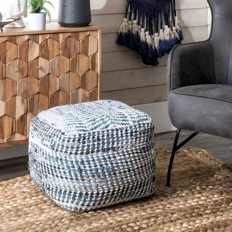 Handmade Denim Textured Cube Ottoman Pouf Boho Style Lightweight Blue
