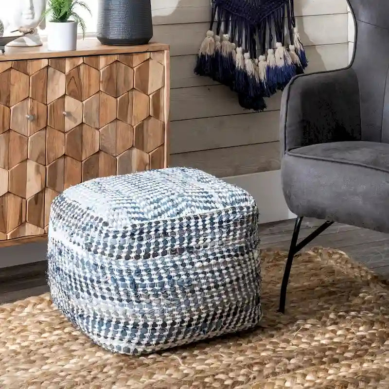 Nuloom Seville Handmade Denim Textured Ottoman Pouf