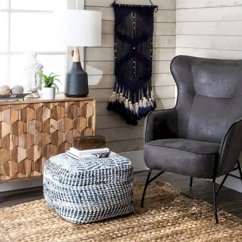 Handmade Denim Textured Cube Ottoman Pouf Boho Style Lightweight Blue