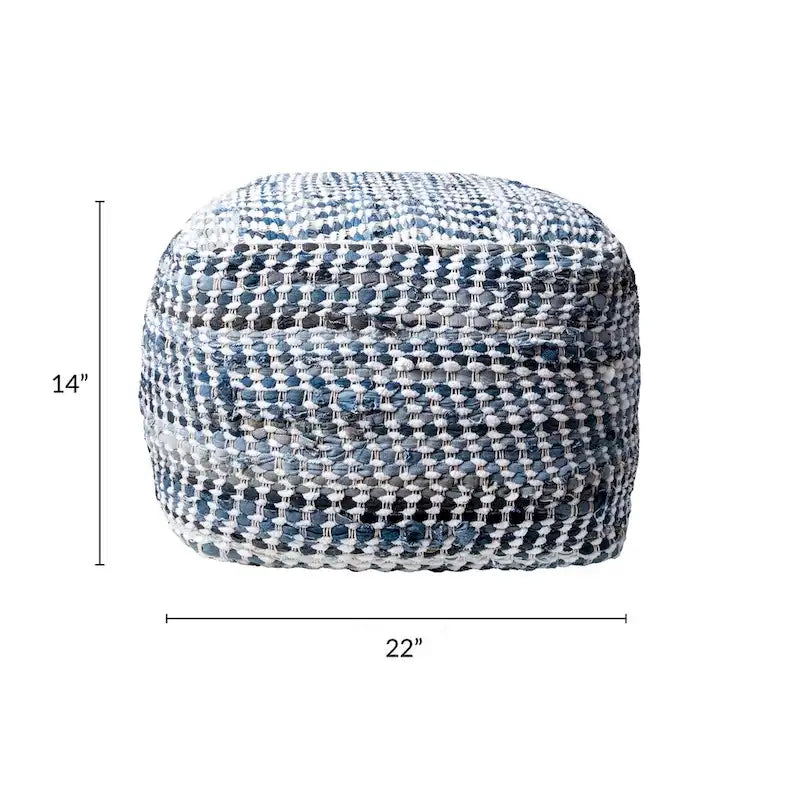 Handmade Denim Textured Cube Ottoman Pouf Boho Style Lightweight Blue
