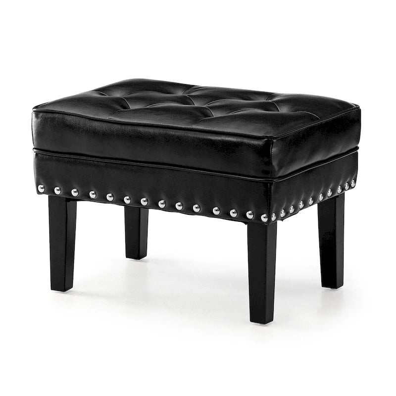 Pouf poggiapiedi trapuntato Mid-Century, pelle PU, bordatura con borchie, gambe in legno di gomma, caffè nero