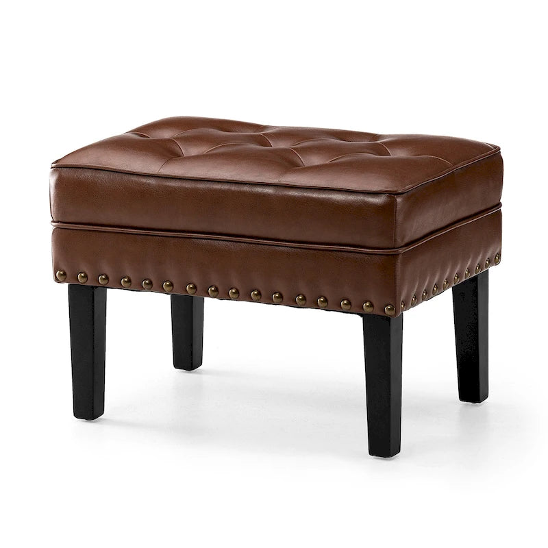 Mid-Century Tufted Ottoman Footstool PU Leather Nailhead Trim Rubberwood Legs Black Coffee