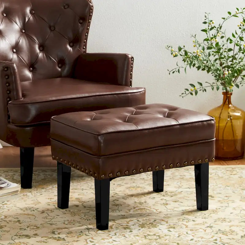 Mid-Century Tufted Ottoman Footstool PU Leather Nailhead Trim Rubberwood Legs Black Coffee
