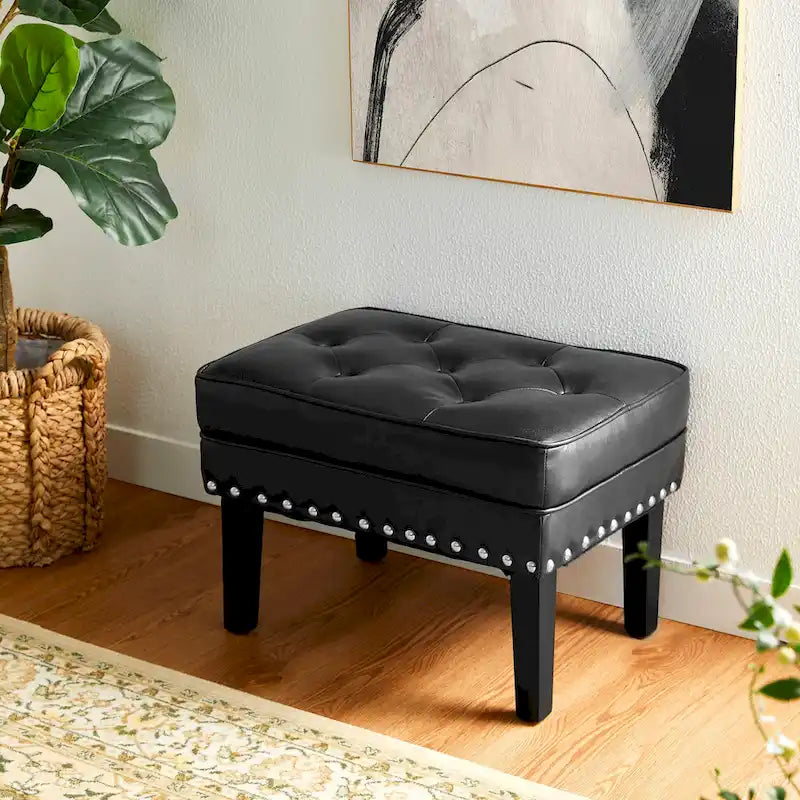 Mid-Century Tufted Ottoman Footstool PU Leather Nailhead Trim Rubberwood Legs Black Coffee
