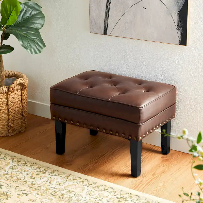 Mid-Century Tufted Ottoman Footstool PU Leather Nailhead Trim Rubberwood Legs Black Coffee