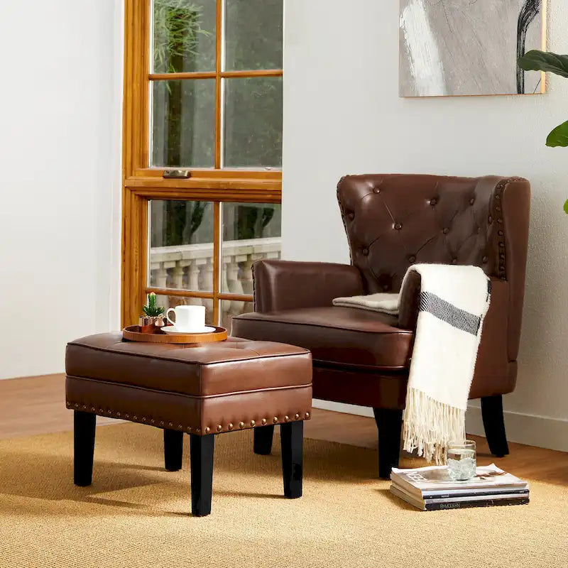 Pouf poggiapiedi trapuntato Mid-Century, pelle PU, bordatura con borchie, gambe in legno di gomma, caffè nero