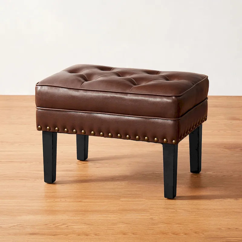 Pouf poggiapiedi trapuntato Mid-Century, pelle PU, bordatura con borchie, gambe in legno di gomma, caffè nero