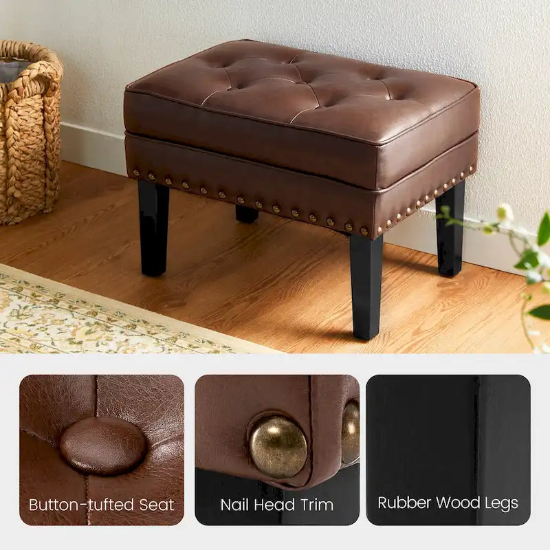 Pouf poggiapiedi trapuntato Mid-Century, pelle PU, bordatura con borchie, gambe in legno di gomma, caffè nero
