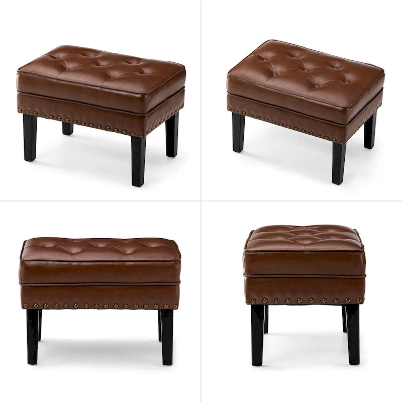 Pouf poggiapiedi trapuntato Mid-Century, pelle PU, bordatura con borchie, gambe in legno di gomma, caffè nero