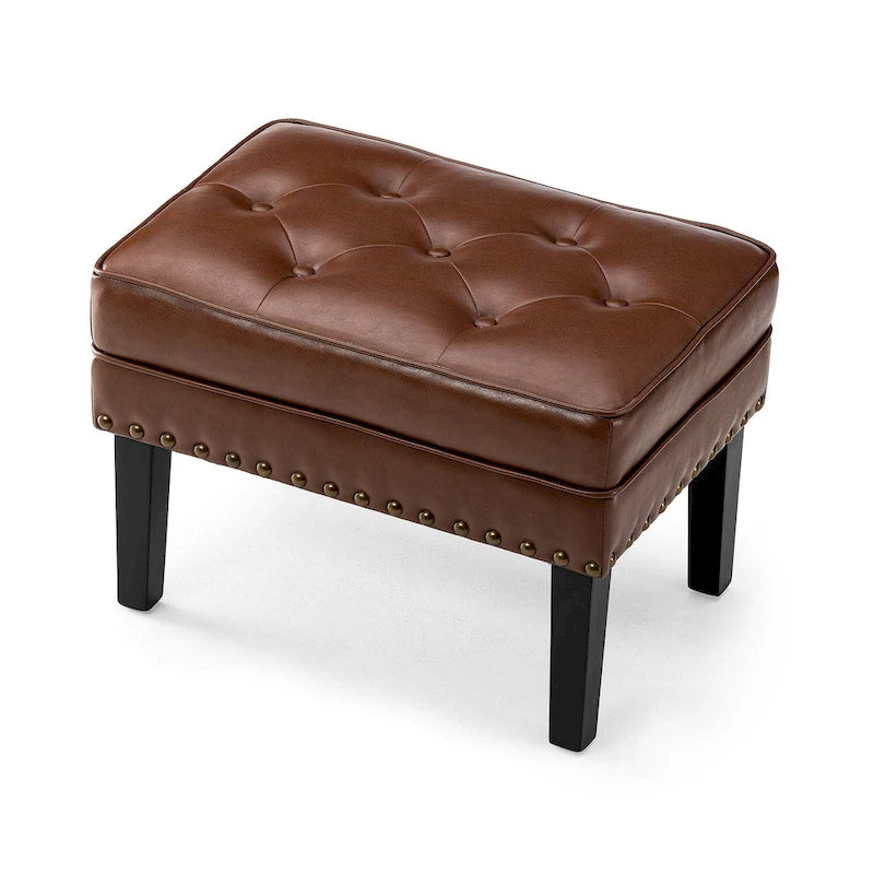 Pouf poggiapiedi trapuntato Mid-Century, pelle PU, bordatura con borchie, gambe in legno di gomma, caffè nero