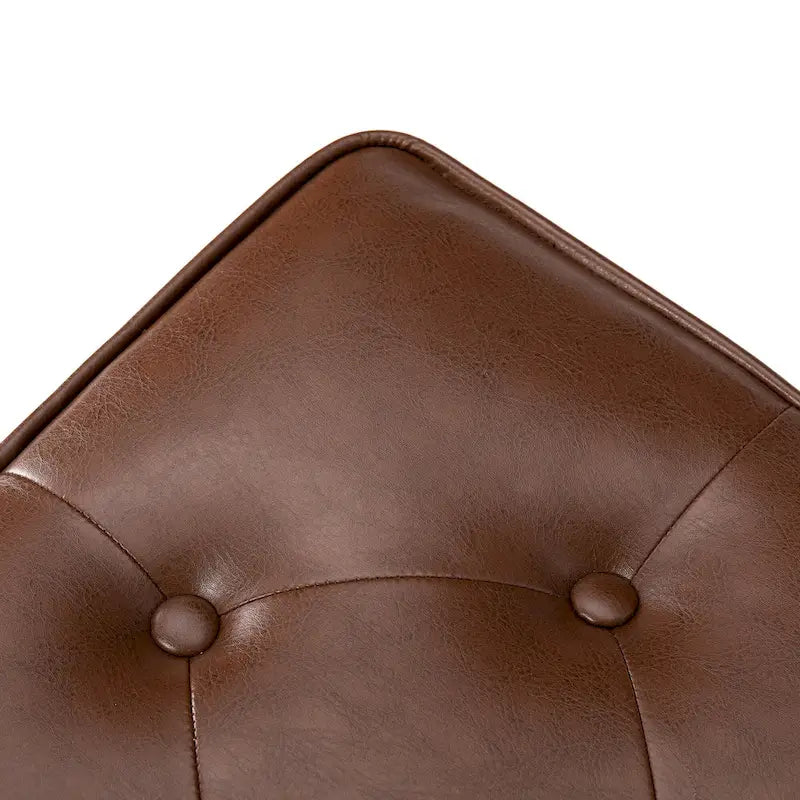Pouf poggiapiedi trapuntato Mid-Century, pelle PU, bordatura con borchie, gambe in legno di gomma, caffè nero