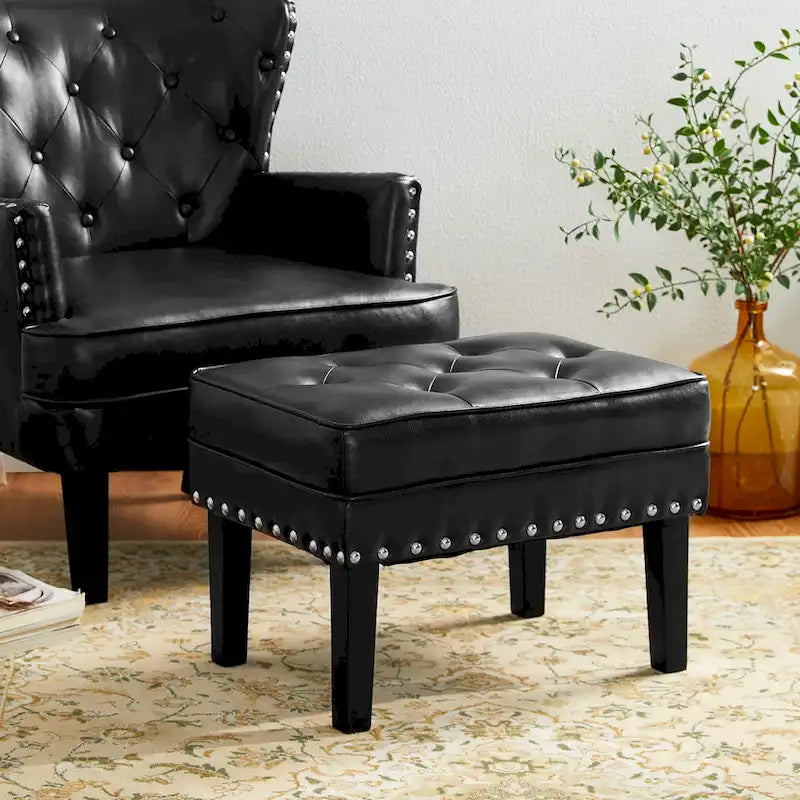 Pouf poggiapiedi trapuntato Mid-Century, pelle PU, bordatura con borchie, gambe in legno di gomma, caffè nero