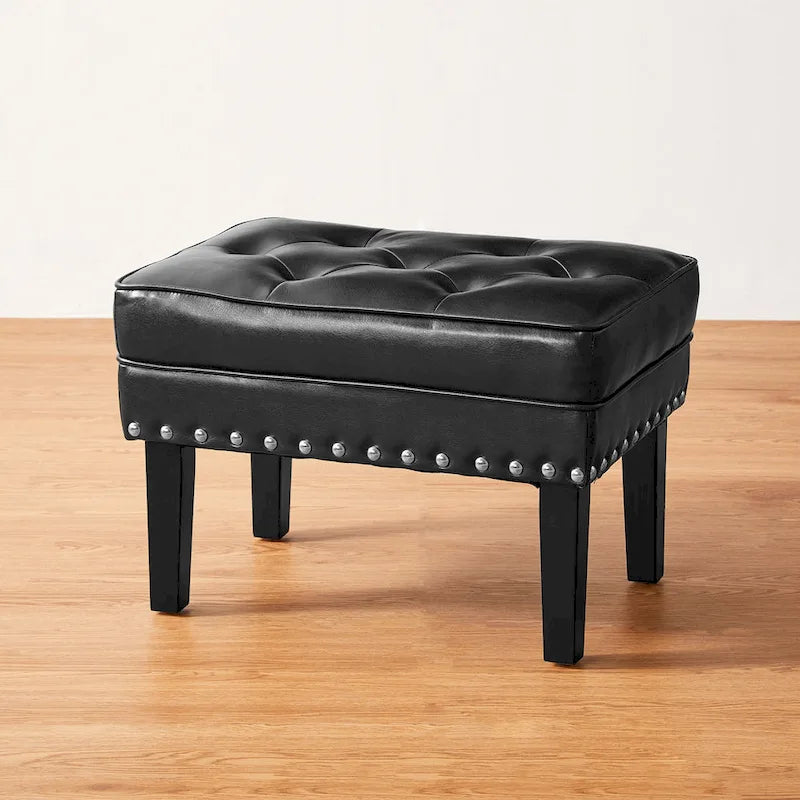 Pouf poggiapiedi trapuntato Mid-Century, pelle PU, bordatura con borchie, gambe in legno di gomma, caffè nero