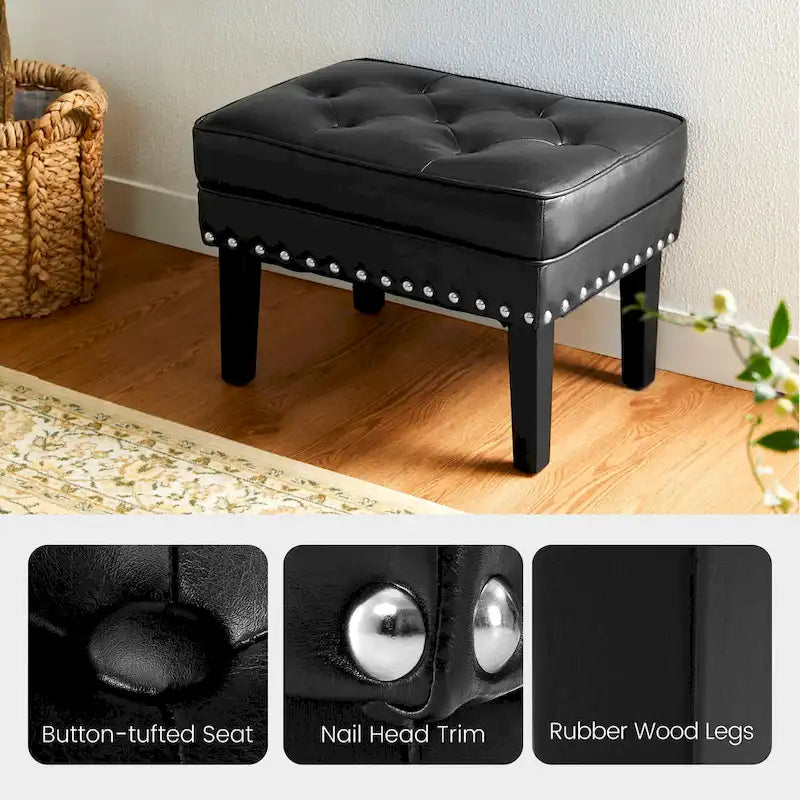 Pouf poggiapiedi trapuntato Mid-Century, pelle PU, bordatura con borchie, gambe in legno di gomma, caffè nero