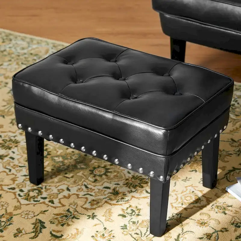 Pouf poggiapiedi trapuntato Mid-Century, pelle PU, bordatura con borchie, gambe in legno di gomma, caffè nero
