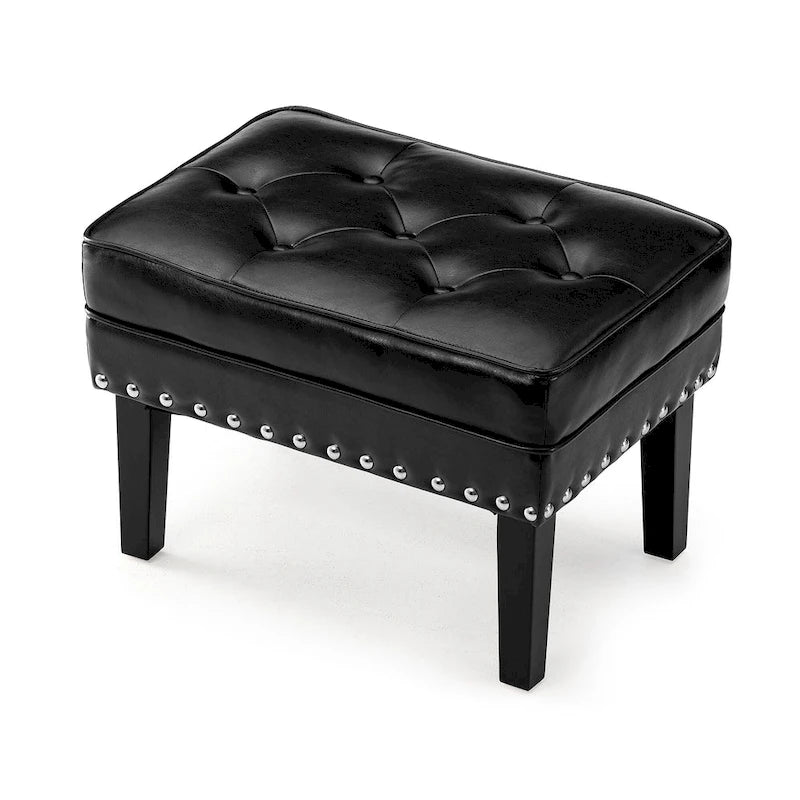 Pouf poggiapiedi trapuntato Mid-Century, pelle PU, bordatura con borchie, gambe in legno di gomma, caffè nero