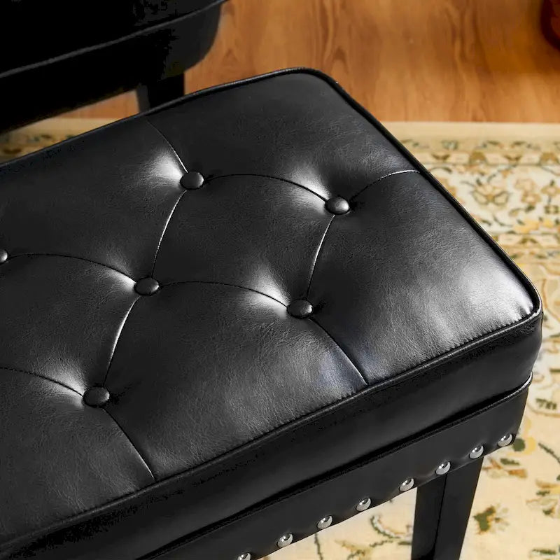 Pouf poggiapiedi trapuntato Mid-Century, pelle PU, bordatura con borchie, gambe in legno di gomma, caffè nero