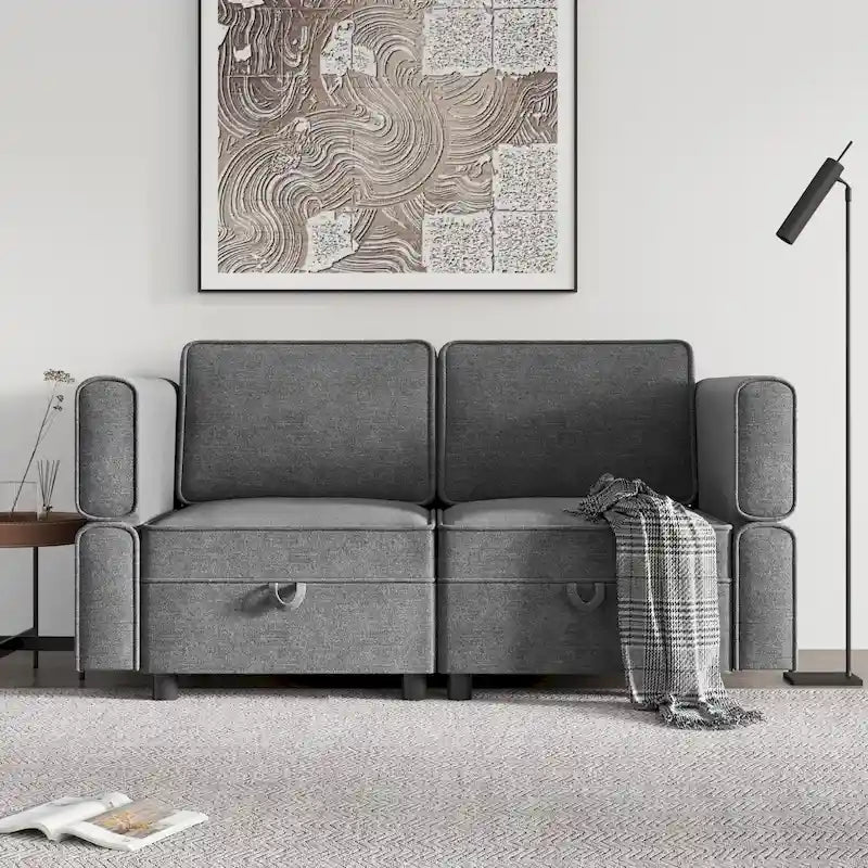Chenille Loveseat Sofa with Hidden Storage Adjustable Backrest Hardwood Frame Grey