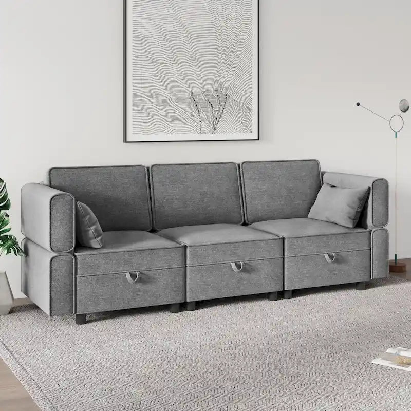 Chenille Loveseat Sofa with Hidden Storage Adjustable Backrest Hardwood Frame Grey