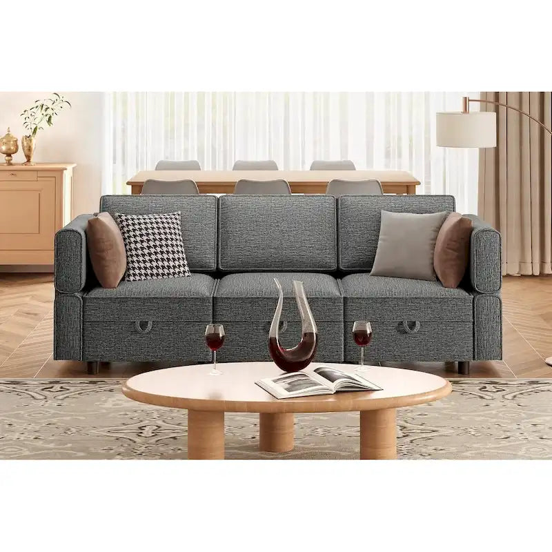 Chenille Loveseat Sofa with Hidden Storage Adjustable Backrest Hardwood Frame Grey