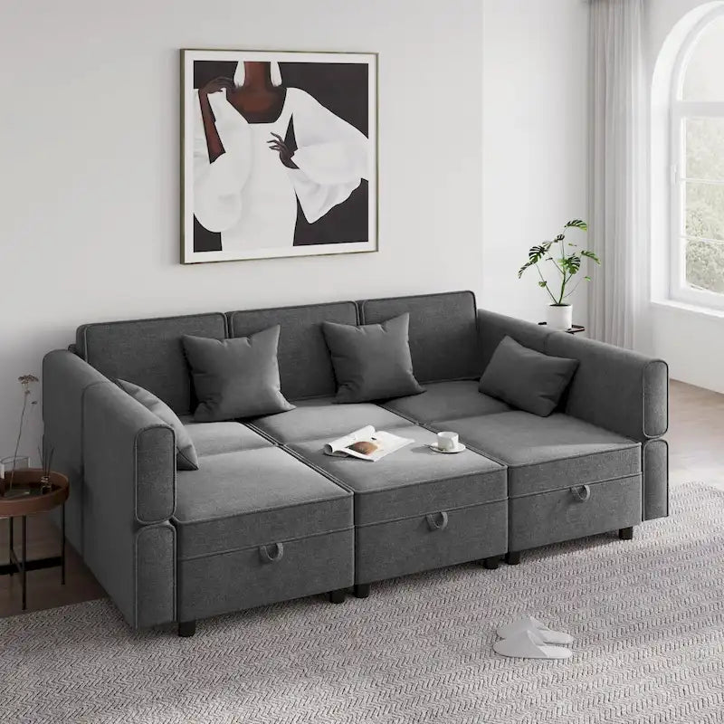 Chenille Loveseat Sofa with Hidden Storage Adjustable Backrest Hardwood Frame Grey