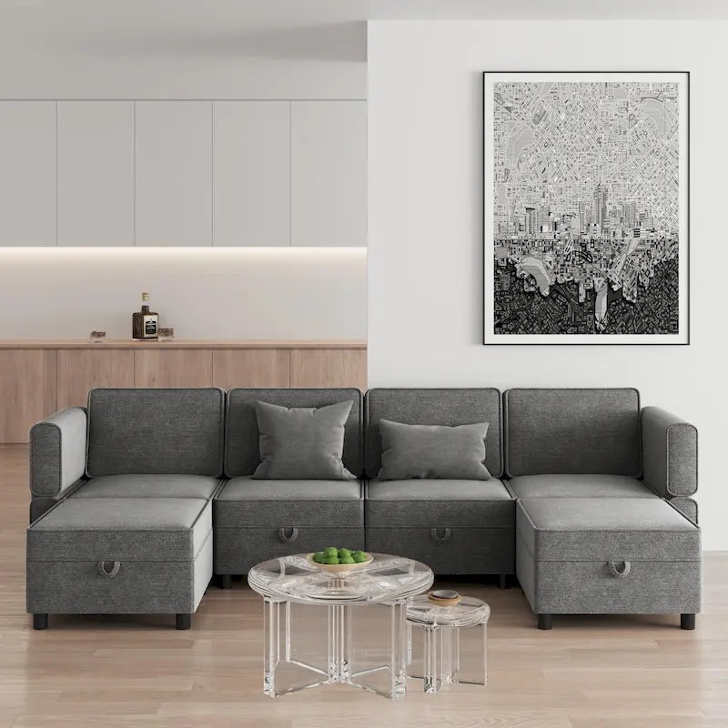 Chenille Loveseat Sofa with Hidden Storage Adjustable Backrest Hardwood Frame Grey