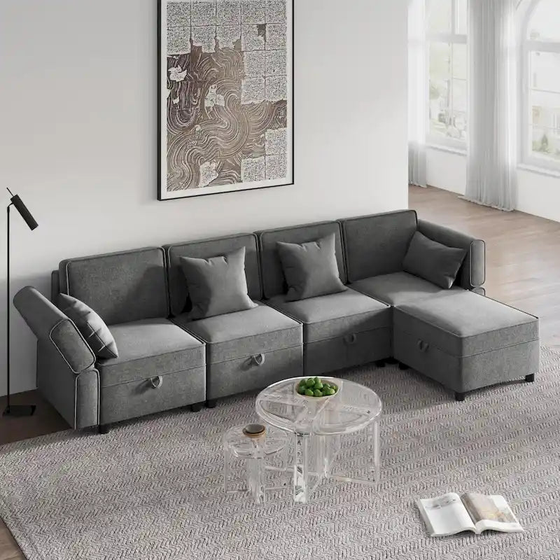 Chenille Loveseat Sofa with Hidden Storage Adjustable Backrest Hardwood Frame Grey