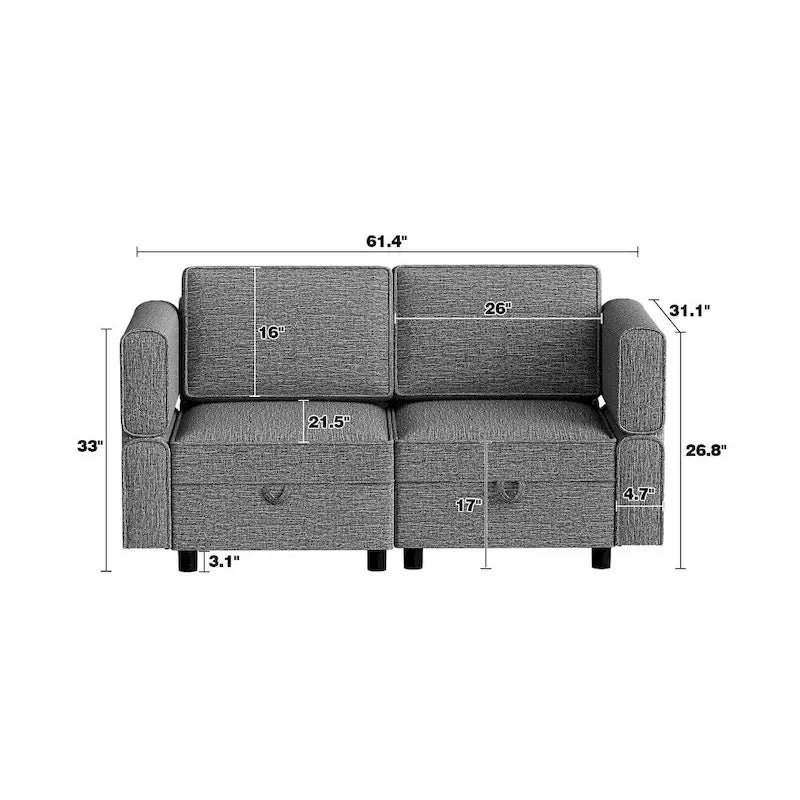 Chenille Loveseat Sofa with Hidden Storage Adjustable Backrest Hardwood Frame Grey